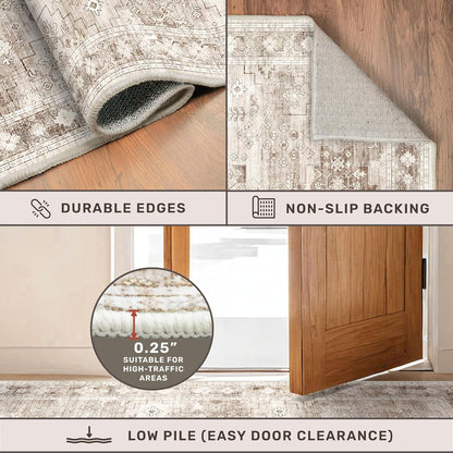 Skiennix Washable Area Rug - Large 8x10 Boho Vintage Floral Design | Non-Slip & Stain Resistant (Beige/Latte)