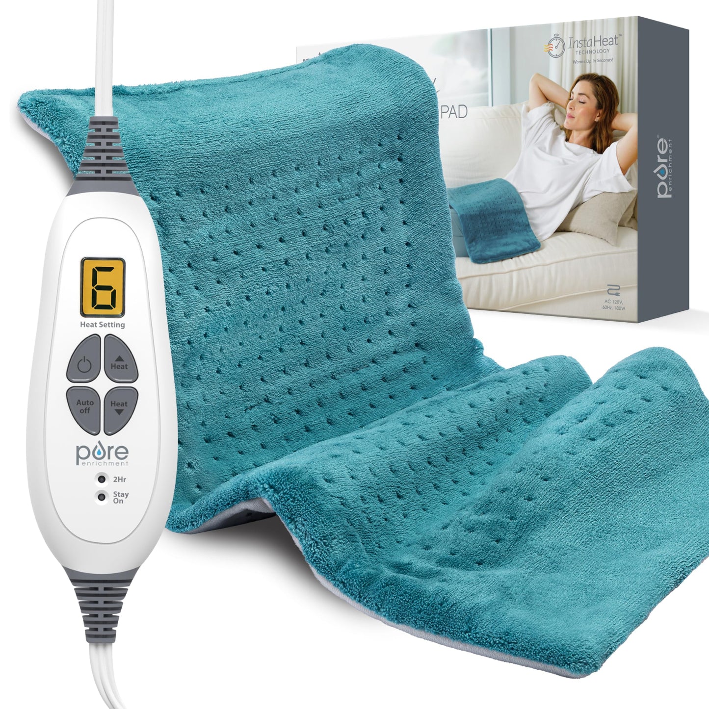 Pure Enrichment PureRelief XL Heating Pad - 12" x 24" Electric Heating Pad for Back Pain & Cramps, 6 Heat Settings, FSA/HSA Eligible, Soft Machine Wash Fabric, Auto-Off & Moist Heat (Zen Green)