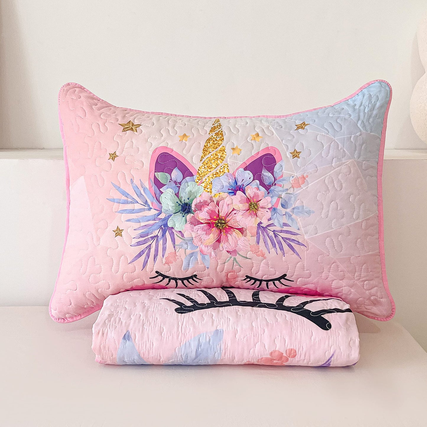 Twin Size Quilt Set for Girls 2-Piece Pink Unicorn Kids Comforter Bedding Set Stars Flowers Reversible Quilted Bedspread Coverlet Lightweight Bed Sheet Set Cover Throw Blanket with Pillow Sham