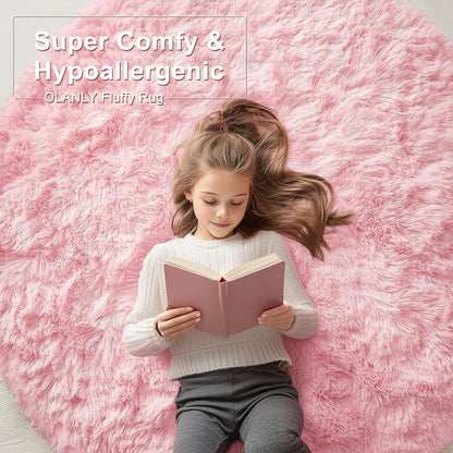 OLANLY Pink Round Rug - Soft & Fluffy Shaggy Carpet, 4 ft Circle Area Rug for Bedroom & Living Room