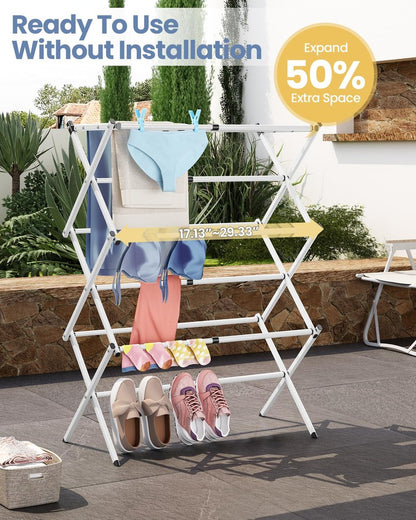 APEXCHASER Clothes Drying Rack Folding - 3 Tier Laundry Drying Rack for Clothes, Expandable Metal Clothing Dryer, Collapsible Towel Rack, Air Drying Rack, White