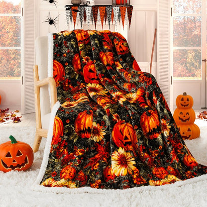 ROMROL Halloween Throw Blanket, Fall Sherpa Throw Blankets, Pumpkin, Leaves Fall Blanket, Soft Fuzzy Plush for Couch Sofa or Bed, Warm Flannel Blanket for Halloween Fall Decor (50" x 60")
