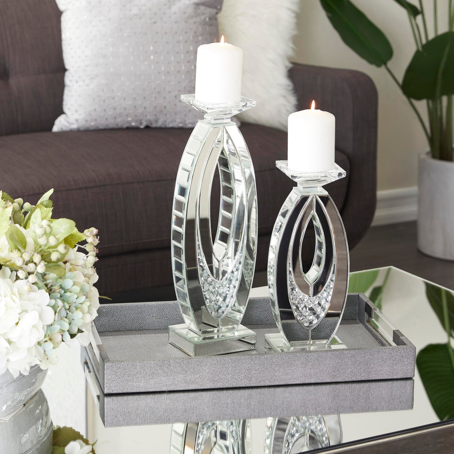 Deco 79 Glass Decorative Candle Holder Pillar Candle Stand with Mirrored Accents and Crystals, Set of 2 Candlestick Holder 17", 13" H, Silver