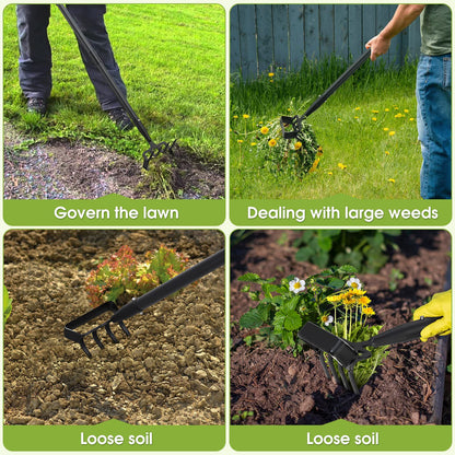 Garden Hoe, 4 Tines Hand Weeding Hoe Garden Tool and Cultivator Long Handle 62", Action Stirrup Scuffle Field Digging Hoe Heavy Duty for Lawn Gardening Weed