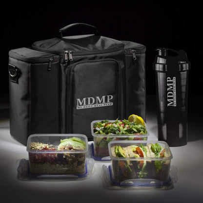 Meal Prep Lunch Bag/Box For Men, Women + 3 Large Food Containers (45 Oz.) + 2 Big Reusable Ice Packs + Shoulder Strap + Shaker With Storage. Insulated Lunchbox Cooler Portion Control Set (Black)