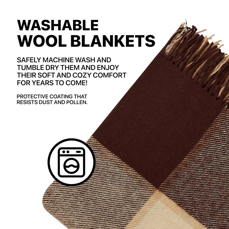 Cozy Blankets - New Zealand Virgin Wool Throw Blanket, Indoor and Outdoor Blankets and Throws, Comfortable Soft Blanket with Fringes and Tartan Pattern, 67 x 79 in, Queen Size, Brown