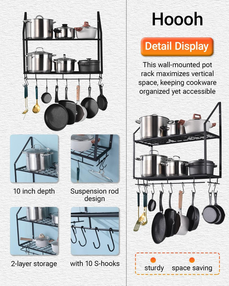Hoooh 30-Inch Wall Mount Pot Racks - 2-Tier Pot Rack Pan Hanger for Kitchen Storage and Organization - Matte Black Cookware Hanging Shelves with 10 Hooks