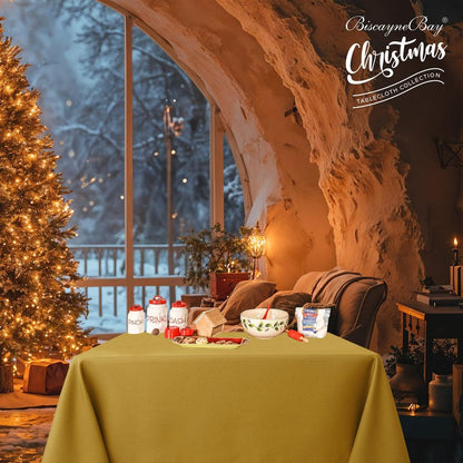Biscaynebay Textured Fabric Christmas Square Table Cloth 90x90 Inches, Gold Water Resistant Tablecloths for Dining, Kitchen, Wedding and Parties etc. Machine Washable
