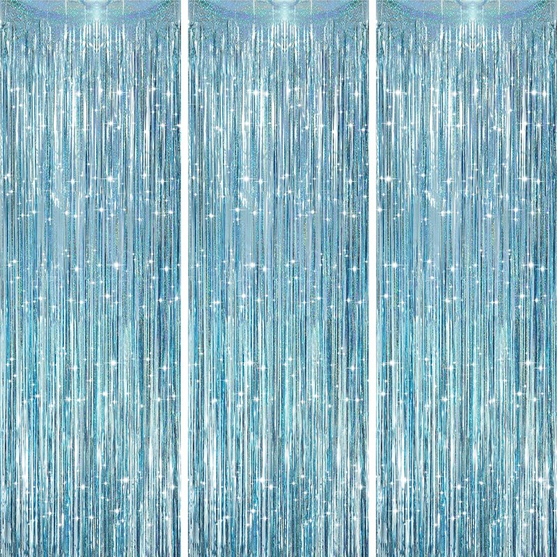Voircoloria 3 Pack 3.3 x 8.2 ft Laser Blue Foil Fringe Backdrop Curtains, Tinsel Streamers Party Decorations, Fringe Backdrop