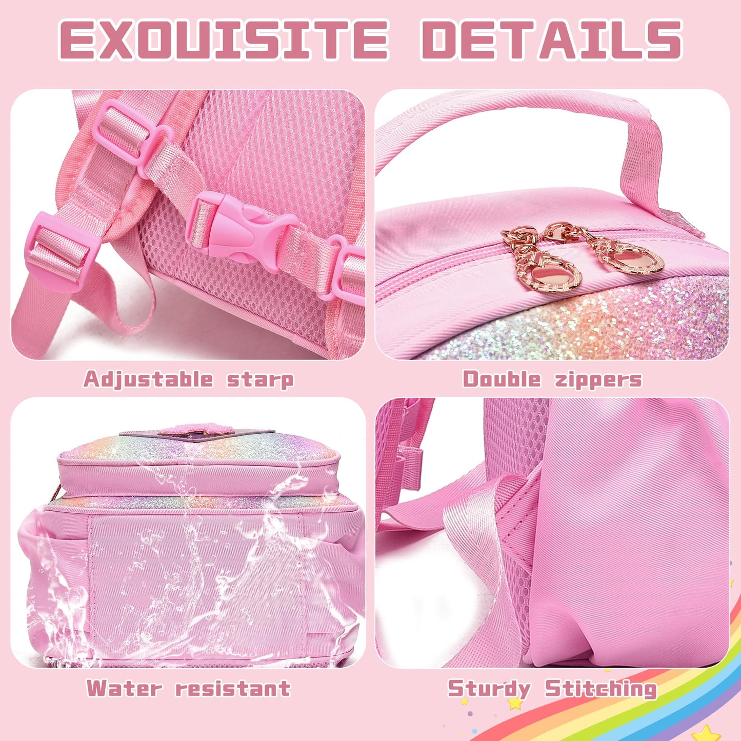 I IHAYNER Glitter Kids Backpack for School Travel & Daycare, Cute Pink Backpack with Initial, Lightweight Preschool Elementary Backpack for Girls, Personalized Gifts for Toddler & Little Girls