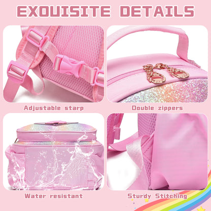 I IHAYNER Glitter Kids Backpack for School Travel & Daycare, Cute Pink Backpack with Initial, Lightweight Preschool Elementary Backpack for Girls, Personalized Gifts for Toddler & Little Girls