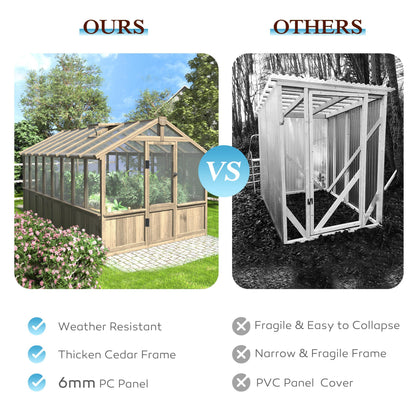 Yardenaler 8x16 FT Greenhouse for Outdoor, 6MM Thick Polycarbonate Panel Wooden Walk-in Green House with Adjustable Roof Vents and Lockable Door, Backyard Garden, Light Mocha Brown