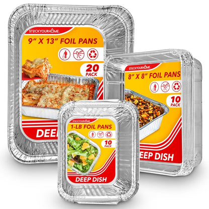 Stock Your Home (Set of 40) Aluminum Pans Disposable, (20) 9x13, (10) 8x8, (10) 1-Lb Heavy Duty Foil Pans, Baking Tins, Cooking Trays, Large and Small Catering Food Containers for Roasting, Serving