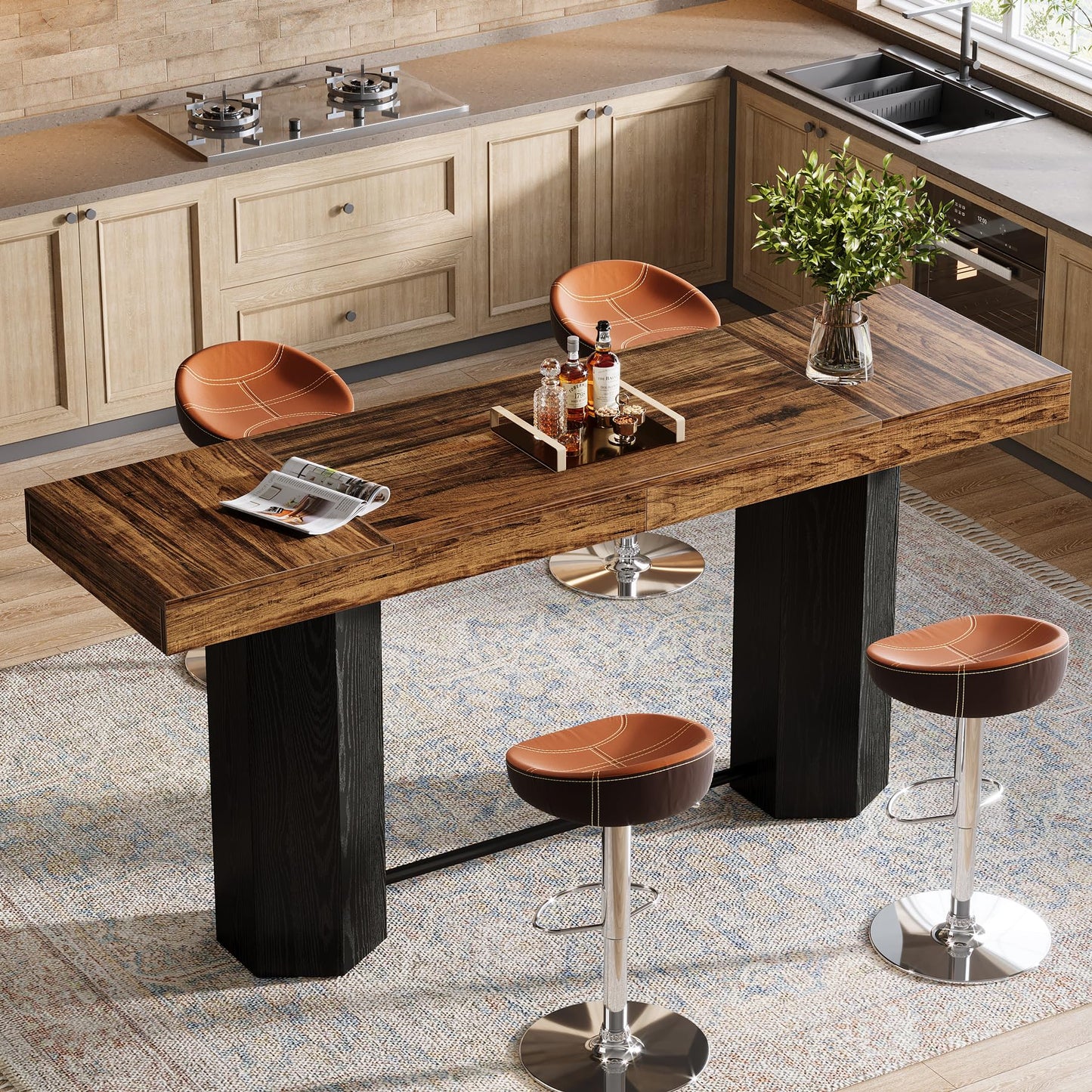 Tribesigns 70.9" Extra Long Bar Table, Industrial Counter Height Table, Rectangular Bar Height Tables with Metal Footrest for Kitchen Dining Room, Living Room, Pub (Rustic Brown & Black)