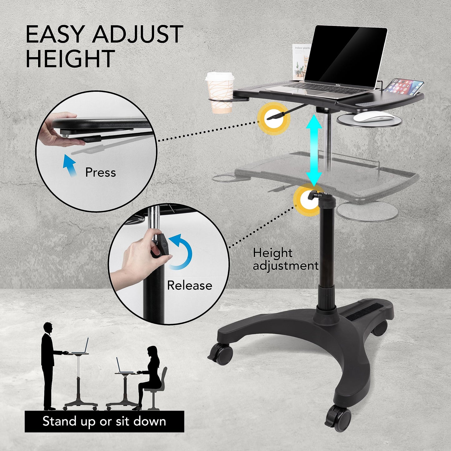 EHO Mobile Laptop Standing Desk Carts on Wheels with Stationery Storage, Pneumatic, Height Adjustable Rolling Stand, Sit to Stand Computer Cart, Workstation for Home, Office, Medical and School