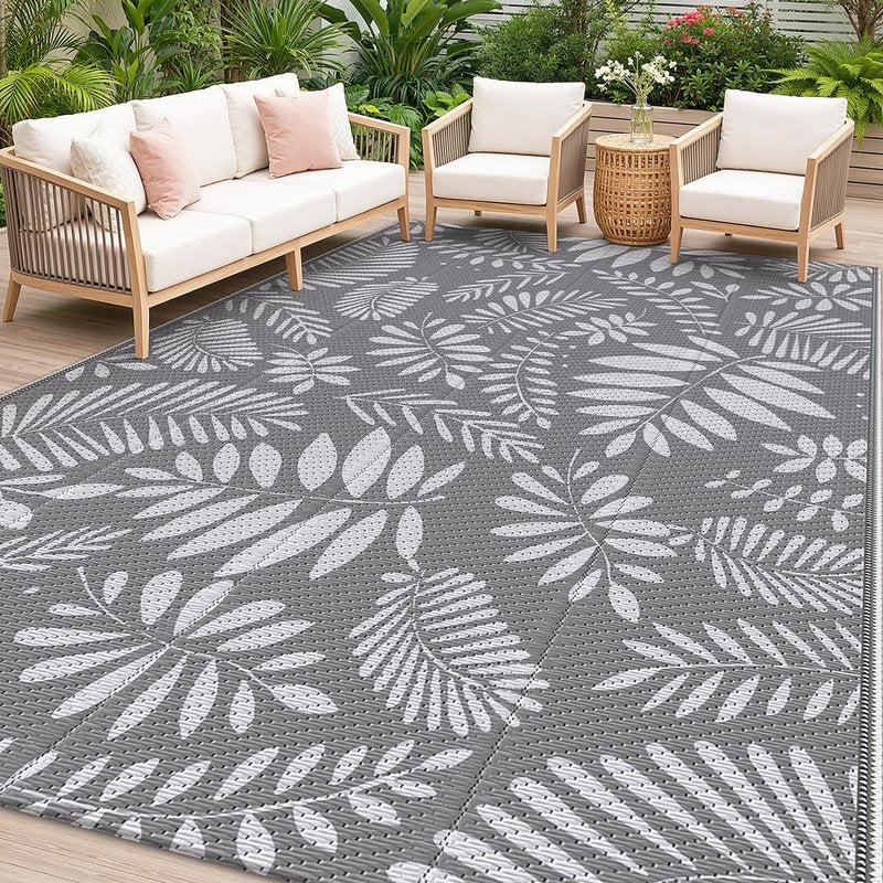 StepRite Outdoor Rug, Patio Rug, Plastic Straw Camping Rugs, Large Waterproof Area Rug and Mat for Outdoors, RV, Patio, Backyard, Deck, Porch, Beach, Balcony, (5'x 8', White&Gray)