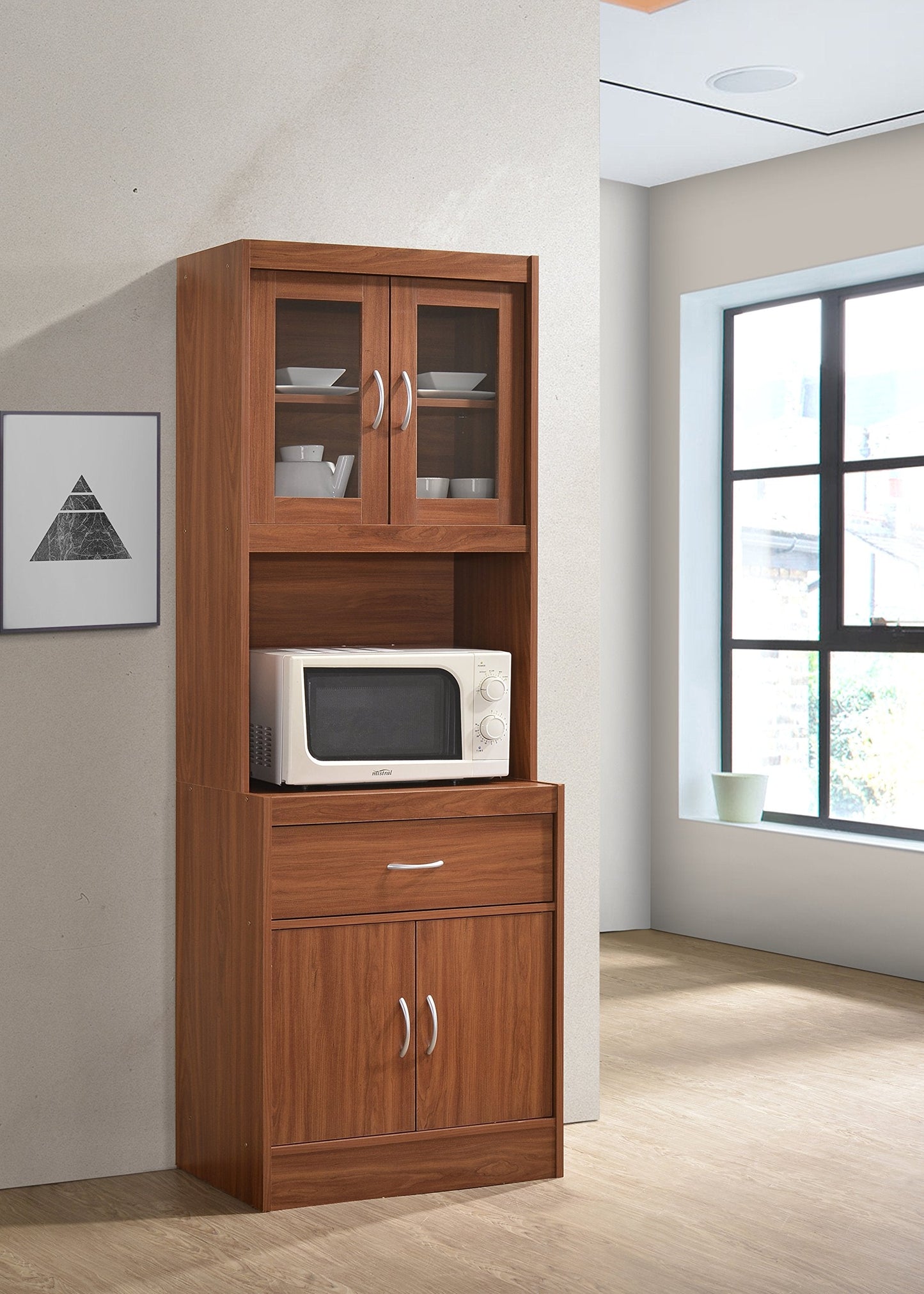 Hodedah Long Standing Kitchen Cabinet with Top & Bottom Enclosed Cabinet Space, One Drawer, Large Open Space for Microwave, Cherry