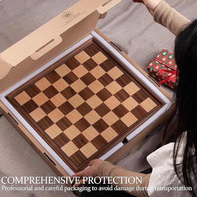 A&ampA 15 inch Walnut Wooden Chess Set with Storage Drawer Triple Weighted Pieces 3.0 inch King Height Walnut &amp Maple Inlay 2 Extra Queen Classic 2 in 1 Chess and Checkers Board Game