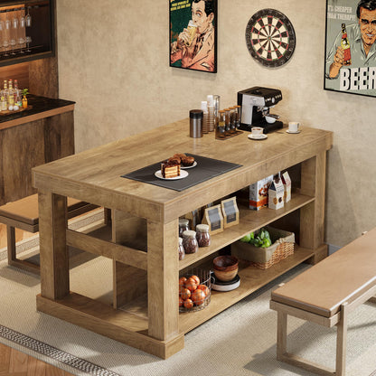 Tribesigns Bar Table, 55-Inch Counter Height Pub Table with Storage Shelves, High Top Kitchen Dining Table, Rectangle Wood Home Bar Unit for Dining Room, Bistro, Light Brown