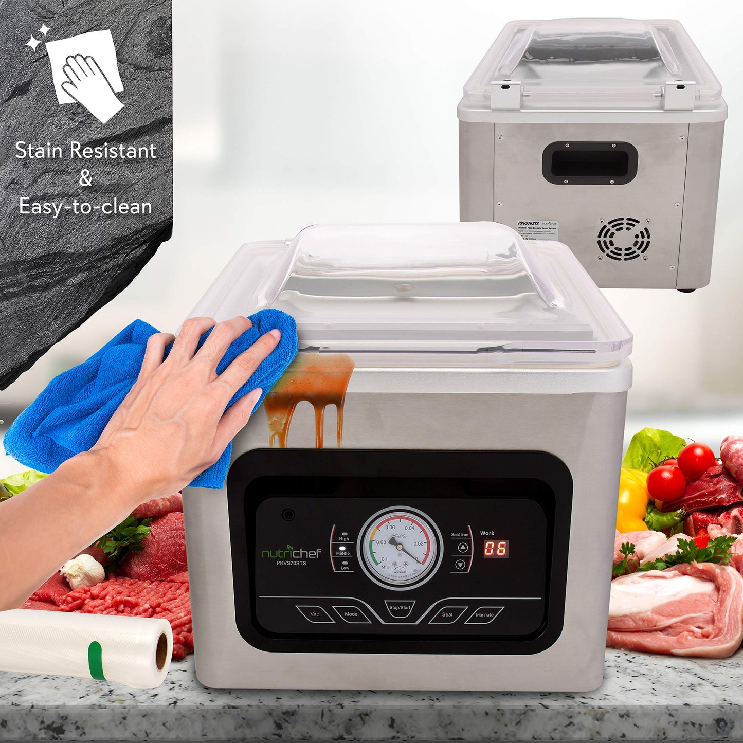 NutriChef Vacuum Sealer Machine - 350W Commercial 8L Chamber Type Automatic System Air Seal Machine Meat Packing Sealing Storage Preservation Sous Vide, Vac Roll Bags -NutriChef PKVS70STS