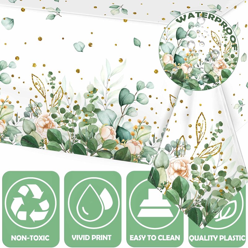 Sage Green Eucalyptus Leaf Tablecloth for Baby Shower Party Decoration Disposable Plastic Sage Greenery Tablecloth Table Cover Boho Woodland Neutral Baby Shower Wedding Party 54 x 108IN (3, Greenery)