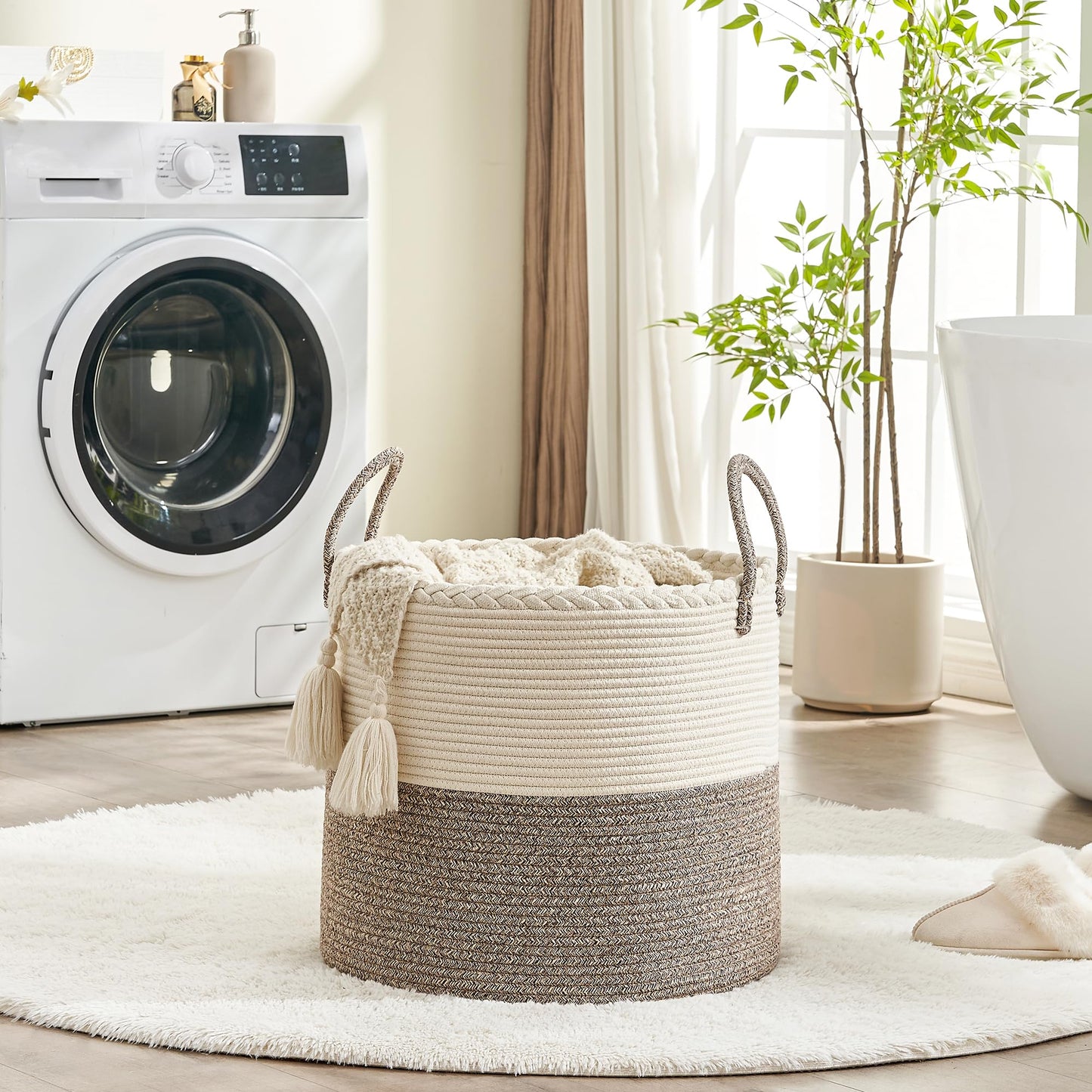 KAKAMAY Large Blanket Basket (18"x18"x16"),Woven Baby Laundry Hamper for Storage, Cotton Rope Blankets Baskets for Nursery, Laundry, Living Room, Pillows, Baby Toy chest with Handles (White/Beige)