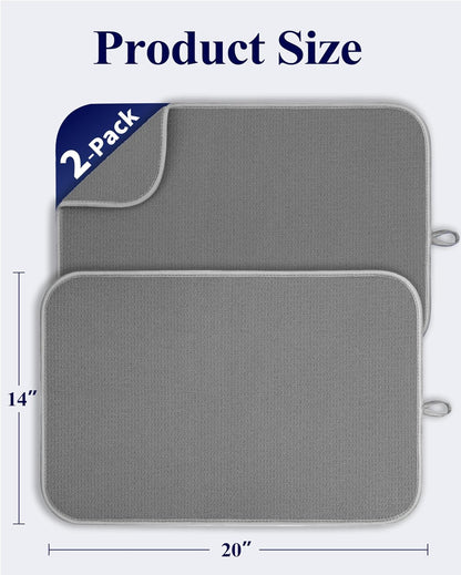 Kitsure Dish Drying Mat - Ultra Absorbent 3-Layer Microfiber Kitchen Mat, 20" x 14", Dark Grey - 2-Pack