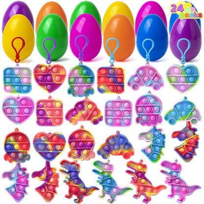 JOYIN 24 Pcs Pre Filled Easter Eggs with pop Keychain Toys for Easter Theme Party Favor, Pop Fidget Stress Relief Squeeze Bubble for Eggs Hunt, Classroom Exchange and Game Prize Supplies
