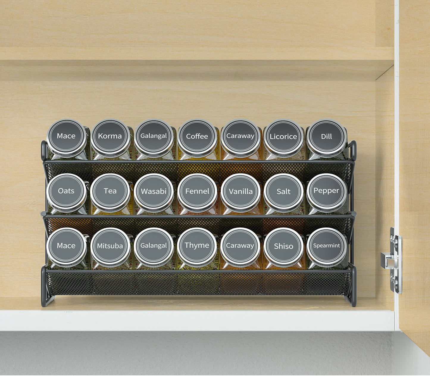SpaceAid Spice Rack Organizer with 28 Spice Jars, 386 Spice Labels, Chalk Marker and Funnel Set for Cabinet, Countertop, Pantry, Cupboard or Door & Wall Mount - 28 Jars, 13.4" W × 10.8" H, Black