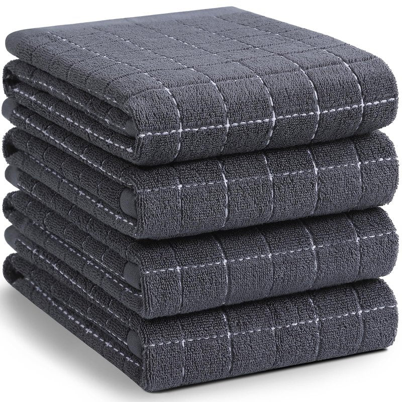 Homaxy 100% Cotton Terry Kitchen Towels(Dark Grey, 20 x 28 inches), Checkered Designed, Soft and Super Absorbent Dish Towels, Large 4 Pack