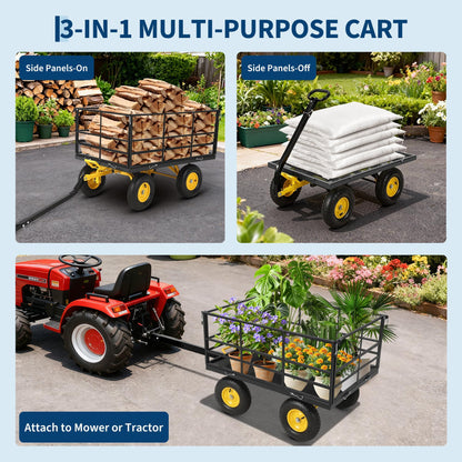 1400 LB Heavy Duty Garden Wagon Cart – 13" All-Terrain Tires, 3-in-1 Utility Yard Trailer with Removable Side Panels, Outdoor Metal Wagon for Lawn, Yard, Backyard