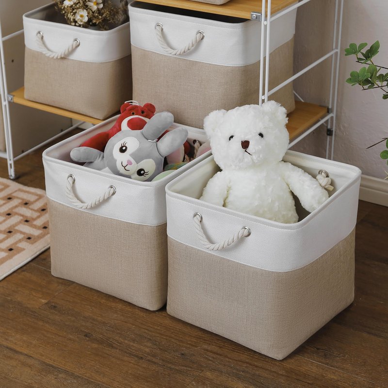 MidmmVick 13 x 13 Inch Cube Storage Bins, 4 Pack Large Collapsible Fabric Storage Bin with Ropes, Foldable Storage Cubes for Home, Office,Closet, Clothes, Toys Organizer (White & Beige)