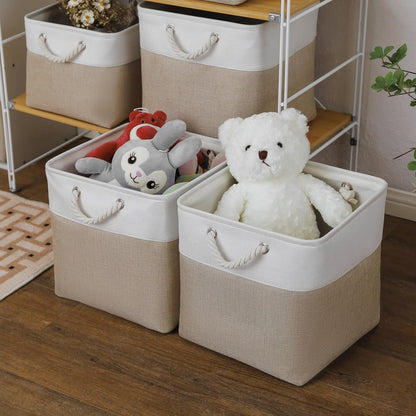 MidmmVick 13 x 13 Inch Cube Storage Bins, 4 Pack Large Collapsible Fabric Storage Bin with Ropes, Foldable Storage Cubes for Home, Office,Closet, Clothes, Toys Organizer (White & Beige)