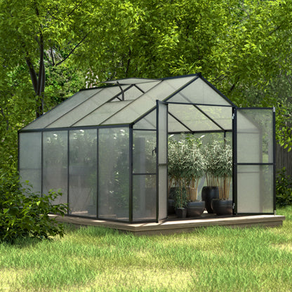 Yardenaler 8x8 FT Outdoor Greenhouse Kit, Polycarbonate Aluminum Walk-in Greenhouse with Adjustable Roof Vent and Lockable Door, Backyard Garden in Winter, Gray