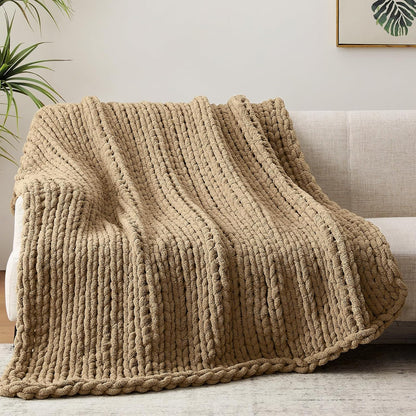 Negwoo Chunky Knit Throw Blanket - Handmade Light Brown Chenille Yarn | 40'' x 50'' Cozy Decor