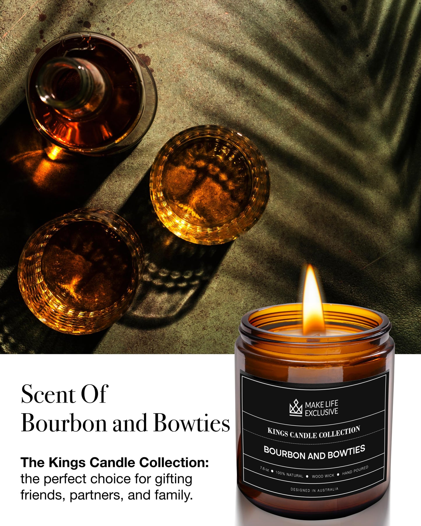 Scented Candles for Men | Bourbon Scented & Bowties | Wooden Wick, Long Lasting, Masculine Scents | Natural Soy Jar Candle for Home, Bacehlor Pad Decor | The Perfect Mens Gift