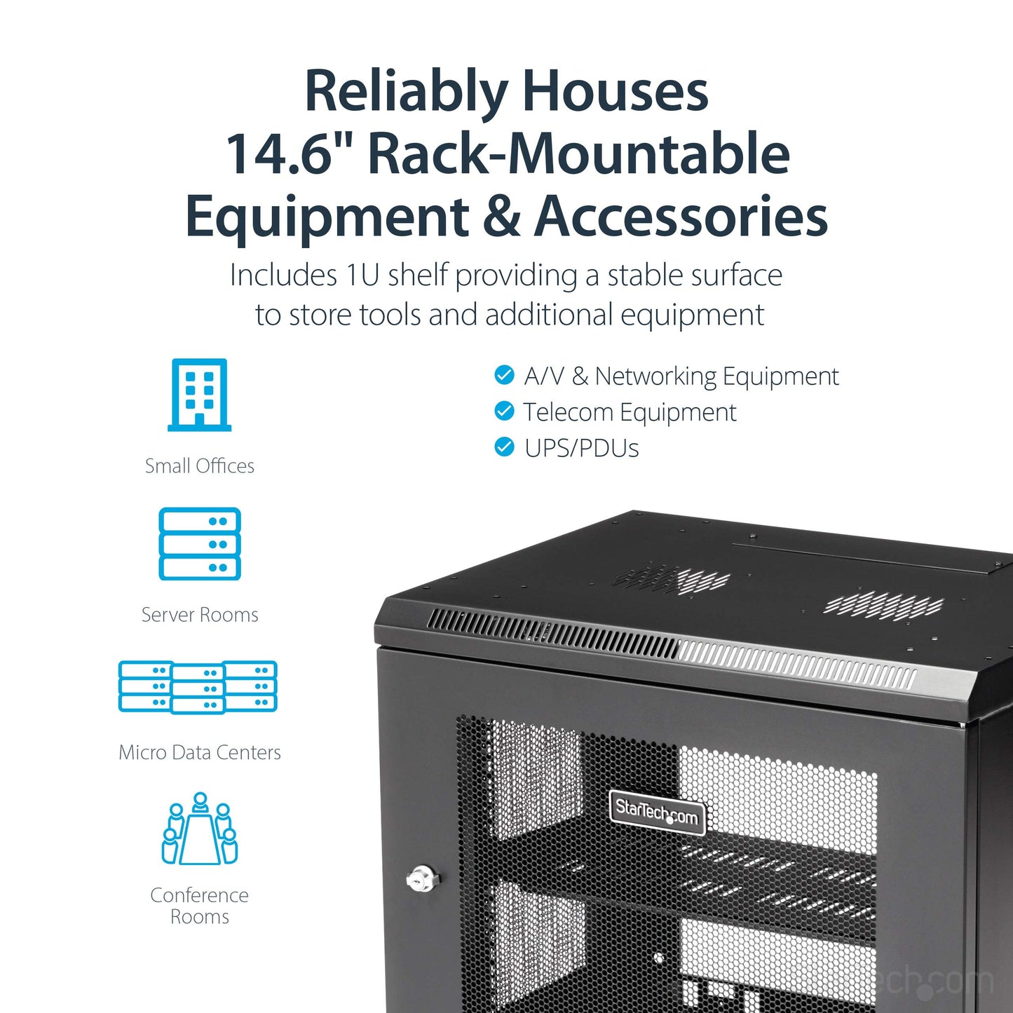 StarTech.com 2-Post 9U Wall Mount Network Cabinet w/ 1U Shelf, 19" Wall-Mounted Server Rack Kit for IT / Data Computer Equipment, Ships Fully Assembled