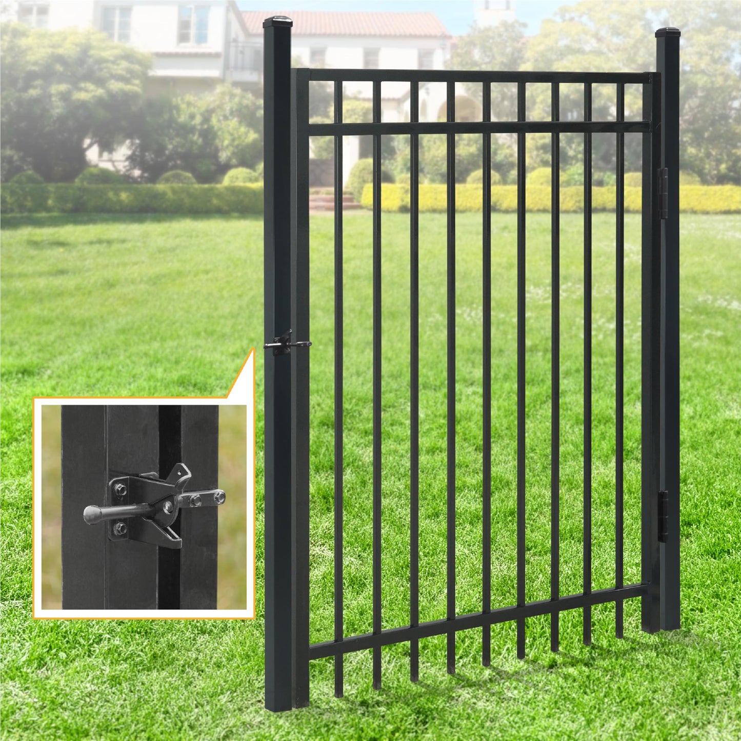 Fencer Wire 76FT Heavy Duty Pinnacle Fence Barrier Kit, Anti-Rust Metal Steel Fence with 5FT Height X 6FT Width Panels, with Flat Top Gate, Posts, Connectors, Outdoor Fencing for Yard