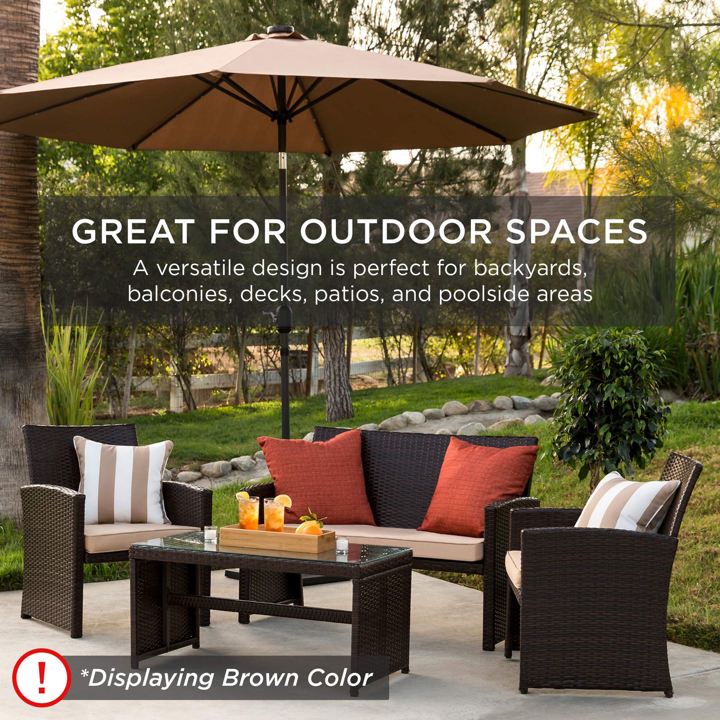 Best Choice Products 4-Piece Outdoor Wicker Patio Conversation Furniture Set for Backyard w/Coffee Table, Seat Cushions - Brown/Beige