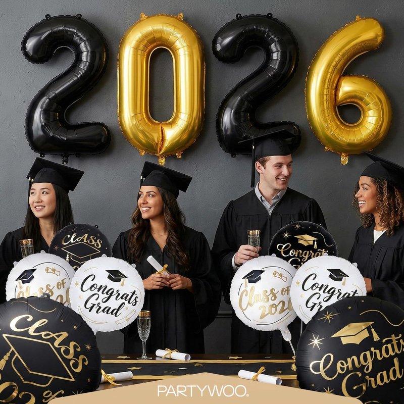 PartyWoo Graduation Balloons Class of 2026 Black White Gold 12pcs Balloons 40 Inch 2026 Foil Number Balloons 18 Inch Congrats Grad Mylar Balloons for Black White Graduation Decorations Party Supplies