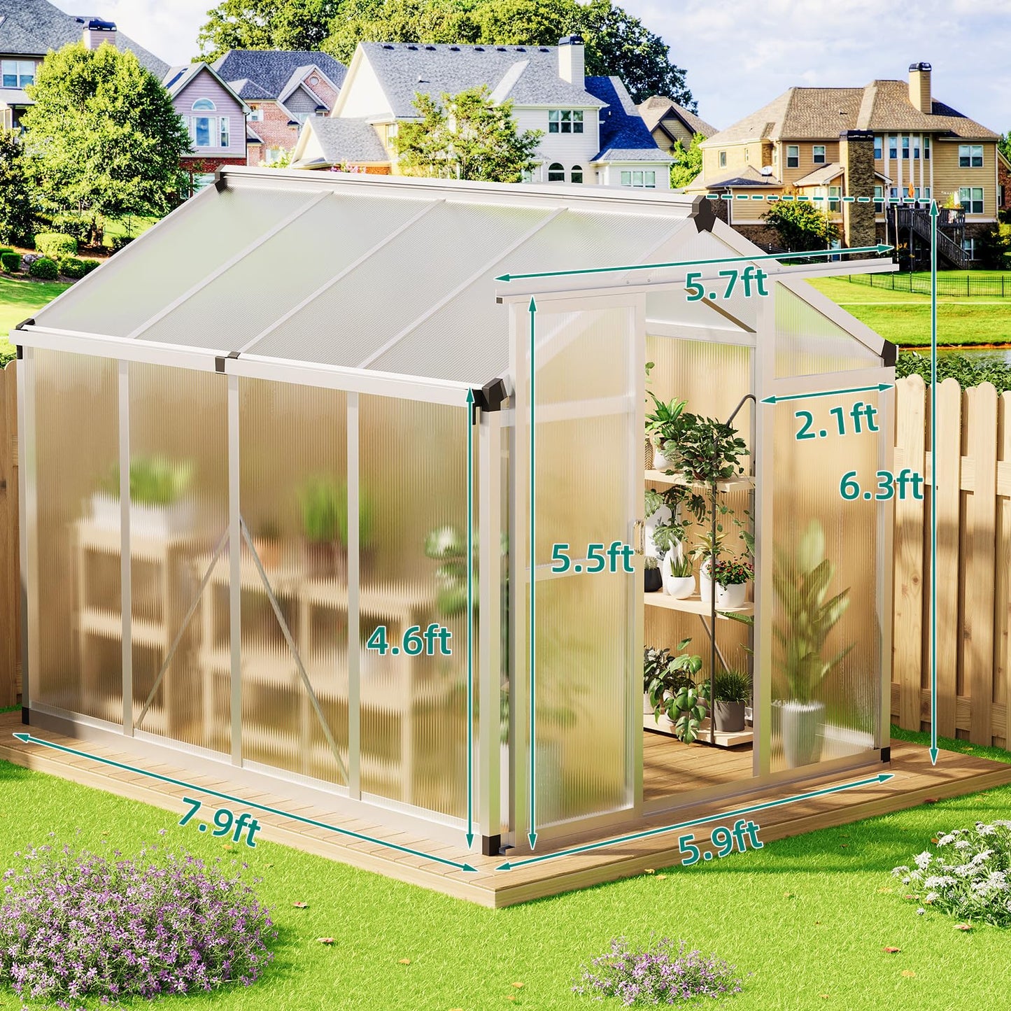 GAOMON 6 x 8 ft Greenhouse for Outdoor with Sliding Door, Green House with Polycarbonate Panel & Ajustable Roof Vent & Ground Nails, Walk-in Aluminum Greenhouses for Garden, Patio
