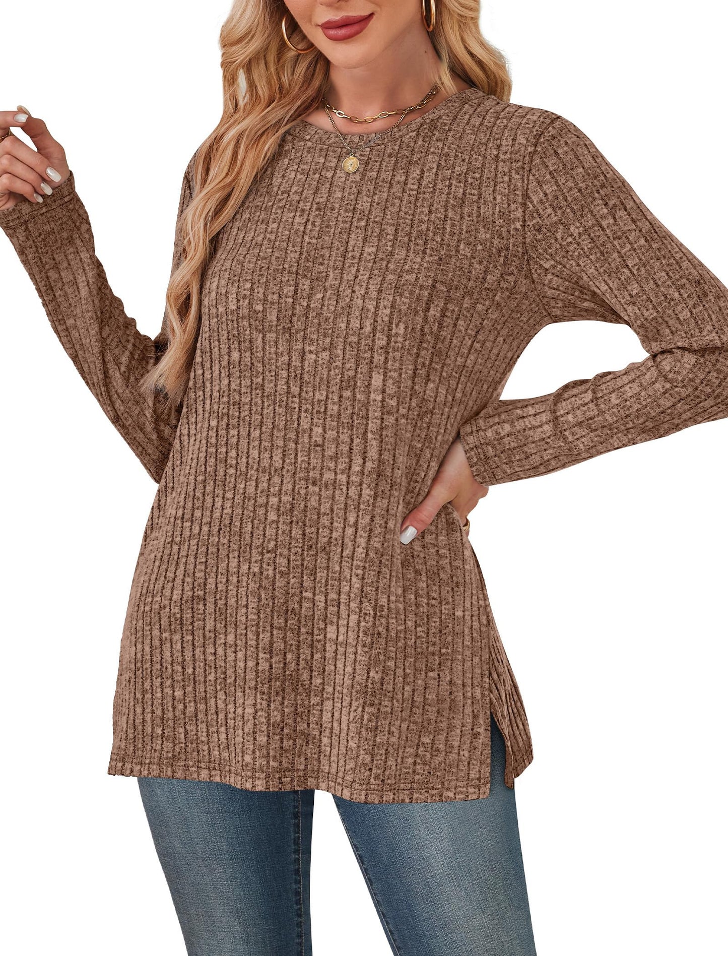 SAMPEEL Womens Sweaters Crewneck Long Sleeve Shirts with Pockets Fall Outfits 2025 Fashion Winter Clothing Side Slit