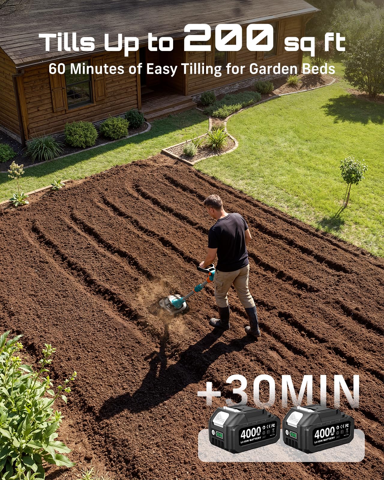 Seesii Cordless Tiller Cultivator, 20V Electric Tiller for Gardening with 2 x4.0Ah Batteries, 9" Tilling Width 6.6" Depth, Lightweight Adjustable Handle Rototiller for Lawn, Weeding & Soil Cultivation
