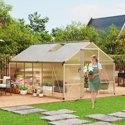 8x12 FT Greenhouse for Outdoors, Polycarbonate Greenhouse with Roof Vent, Ground Nails, Lockable Push Door, Aluminum Large Walk-in Green House for Outside Garden Backyard, Patio, Lawn, Silver
