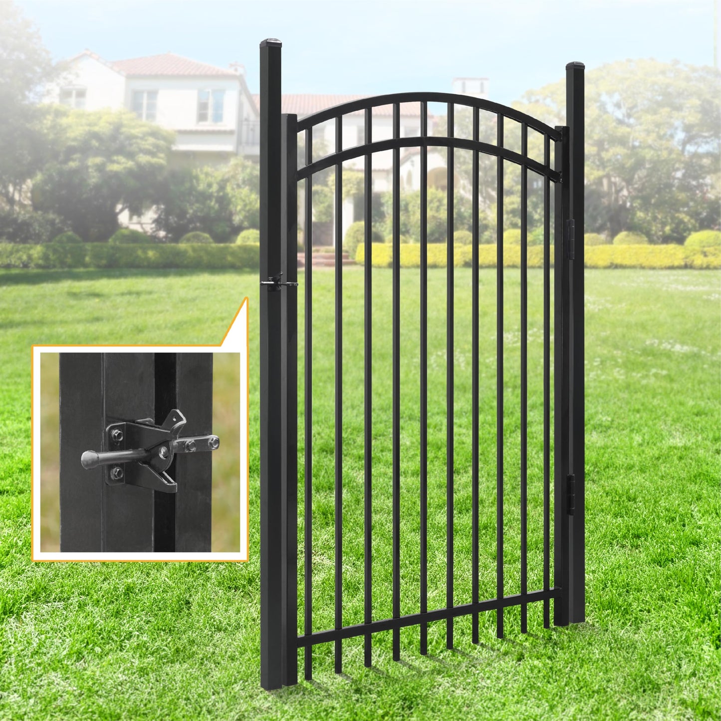 Fencer Wire 76FT Heavy Duty Flat Top Fence Barrier Kit, Anti-Rust Metal Steel Fence with 6FT Height X 8FT Width Panels, with Arched Gate, Posts, Connectors, Outdoor Fencing for Yard
