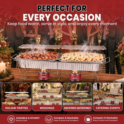 Disposable Chafing Dish Buffet Set, 33 Piece of Chafing Servers with Food Warmers, Covers, Half-Size Food Pans, Water Trays, Serving Utensils, Foil Lids and 4Hr Fuel Cans for Parties, Catering