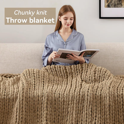 Negwoo Chunky Knit Throw Blanket - Handmade Light Brown Chenille Yarn | 40'' x 50'' Cozy Decor