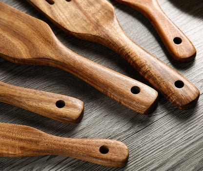 NAYAHOSE Wooden Spurtles Set with Holder, Natural Teak Kitchen Utensil Set of 6, Heat Resistant Non Stick Wood Cookware with Hanging Hole, Wood Spurtles Spatula Sets for Stirring, Mixing, Serving