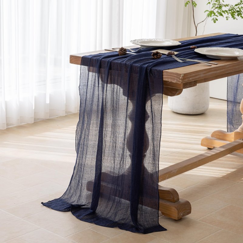 Keketoarrange 10pcs Navy Blue Gauze Rustic Cheesecloth Table Runner 120 Inch 10 FT for Wedding Baby Shower Bridal Shower Birthday Engagement Garden Outdoor Party Long Sheer Boho Decorations