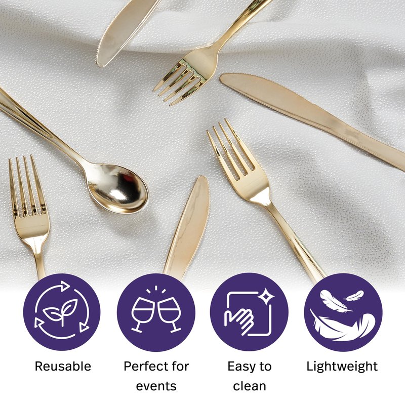 MATANA - 180 Gold Plastic Silverware Set (60 Knives 60 Forks 60 Spoons) Bulk Reusable Gold Plastic Cutlery Utensils for Party, Wedding, Dinner, Heavy Duty